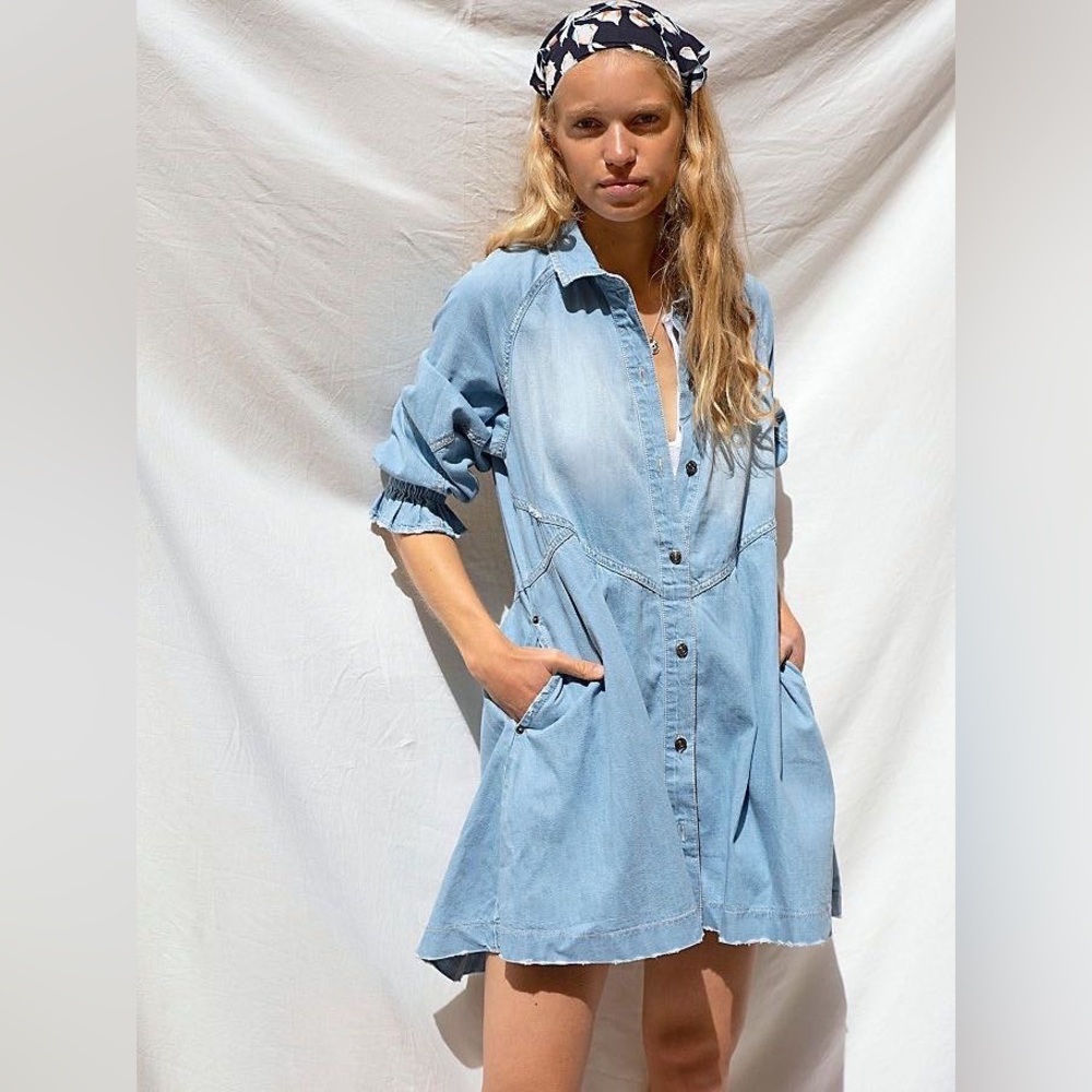 Free People Light Blue Denim Shirt Dress